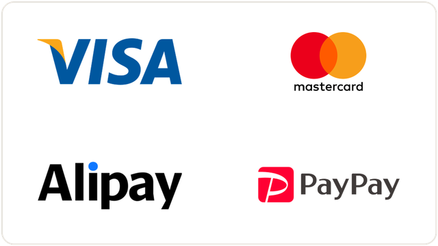 Accepted cards: VISA, Mastercard, Alipay, PayPay